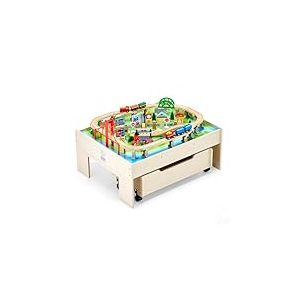 VEVOR Table Circuit Train Bois, 100 PCS, avec Rail de Train, Tiroir Rangement Roulant, Table Activités 3 en 1 Double Face pour Jouer, Dessiner, Lire, Manger, Jouets Créatifs pour Enfants 3 Ans et Plus