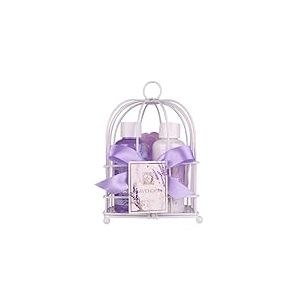 Accentra-Set cadeau de douche Femme LAVANDE dans un jolie panier en fil métallique-Set de 3 pièces gel douche, lotion et éponge de bain - Set cadeau idéal pour la fête des mères & la Saint-Valentin.
