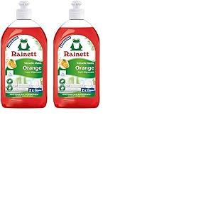 RAINETT - Liquide Vaisselle Mains à l'Orange - Formule Concentrée Super-Dégraissante - Testé Dermatologiquement - Flacon Recyclé & Recyclable - Ecolabel - Format Compact - 500 ml (Lot de 2)