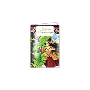 Carte Joyeux Anniversaire Fille Conte de Fée Magicienne Baguette Magique Sort Vœux Forêt Enchantée Manga Enveloppe 12x17,5cm Perroquet Costume Déguisement Illustration Jeunesse Dessin Animé 67-1055-B