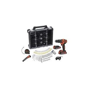 BLACK+DECKER Perceuse 18V, 2 batteries 2Ah, chargeur 400mA, 100 accessoires, mallette de rangement, BDCHD18D2AB-QW