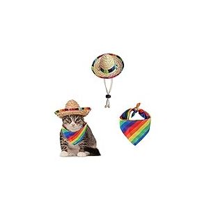AWOCAN Chapeau de Paille pour Animal Domestique - Chapeau de Sombrero Mexicain - Écharpe Arc-en-Ciel - Décorations de fête pour Anniversaire - pour Petits Animaux domestiques, Chiots, Chats (A)
