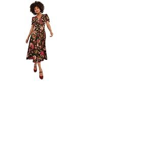 Joe Browns Vintage Floral V-Neck Puff Sleeve Midi Dress Robe décontractée, Vert, 38 Femme