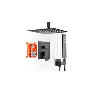 VEVOR Ensemble de Robinetterie de Douche Encastrable, Syst&egrave;me de Douche de Pluie avec Pommeau de T&ecirc;te Carr&eacute; 25,4 cm, Douchette &agrave; Main et Kit de Garniture, Montage au Plafond, Salle de Bain, Noir Mat
