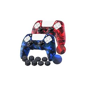 YoRHa Points Housse Coques Autocollants en Silicone Skin Cover pour PS5 Dualsense Manette (Rouge + Bleu) x 2 avec Prises de Pouce x 10