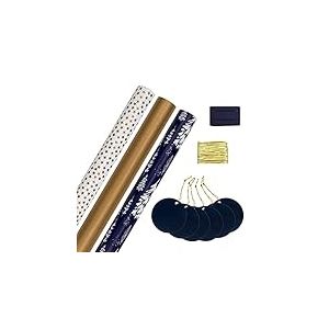 Hallmark Recueil de cadeaux de Noël, 3 paquets de papier cadeau, 2 m chacun, 6 étiquettes cadeaux, 2 rubans raphia, or, bleu, blanc