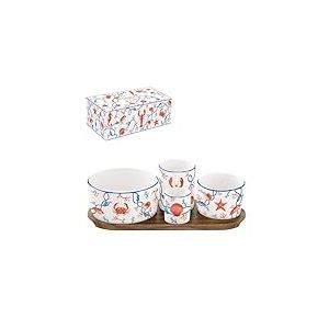 COFFRET APERITIF 4 COUPELLES EN PORCELAINE SUR PLATEAU ACACIA COTE DE MER
