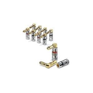 conecto fiches bananes pour câbles d'enceintes, lot de 8, fiche coudée à 90°, plaquées or avec code couleur (4x rouges, 4x noires), plaquées or 24 carats