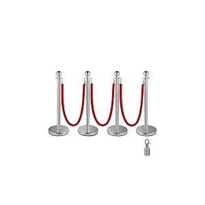 VEVOR 4 Poteaux de Guidage Séparation Argenté avec 3 Cordes Velours Rouges 1,5 m, 4 PCS Fils d'Attente Barrière de Queue Poteau Individuel de Sécurité 96 cm Hauteur pour Contrôle Séparation de Foule