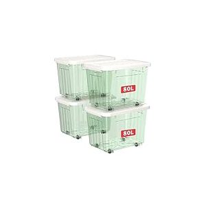 Cetomo 80L*4 Boîtes de Rangement avec Couvercles, Boîte de Rangement en Plastique avec Clips et Roulettes, Empilables, Encastrables, pour Placard de Bureau à Domicile, Vert Transparent, 80L, Lot de 4