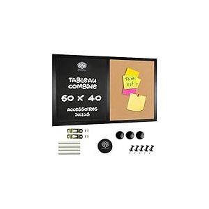 OfficeTree Tableau Mixte 60x40cm - Tableau Magnétique Ardoise Noir et Liège avec Accessoires - Tableau Ardoise Murale Cuisine - Tableau Craie Mural - Tableau Noir Effacable - Tableau Noir Craie