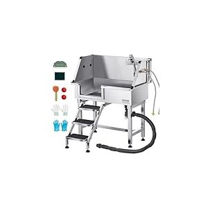 VEVOR Baignoire de Chien Acier Inoxydable, Baignoire de Toilettage pour Animaux de Compagnie 87 cm Station de Lavage Chat, avec Escalier à Gauche, Robinet, Pommeau de Douche, Porte-savon, Porte Gauche