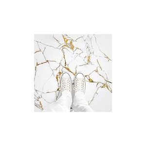 Ambiance Sticker Sol Carreaux de Ciment Azulejos avec Laminat de Protection Plastique Anti-D&eacute;rapant | Mabre Blanc Et Or Ancien Sol R&eacute;sistant &agrave; l'eau - Sticker Carrelage Adh&eacute;sif pour Sol - 45 x 45 cm