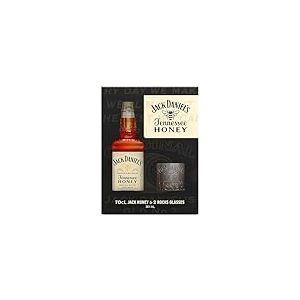 Jack Daniel's Coffret Honey 70cl accompagné de 2 Verres de dégustation 35% – Whisky Américain Premium - Alliance du Whisky Jack Daniel's et d’Une Liqueur de Miel - Riche en Arômes de Vanille, Caramel