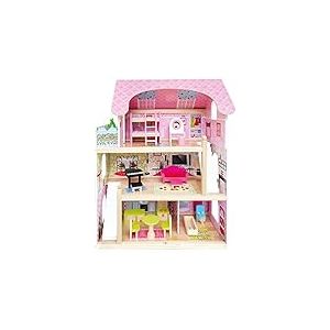 Bino world of toys Maison de poup&eacute;e avec Balcon, Jouet pour Tout-Petits &agrave; partir de 3 Ans, avec 3 &eacute;tages, escaliers, 4 Chambres et Balcon avec 15 pi&egrave;ces. Accessoires pour d&eacute;velopper Les capacit&eacute;s des