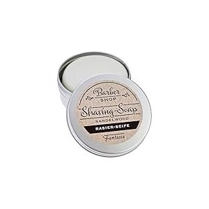 Fantasia Beauty Savon &agrave; raser pour homme et femme en bois de santal - 100 g - Cr&egrave;me de rasage v&eacute;g&eacute;talien pour peaux sensibles - Savon &agrave; raser pour homme et femme - Avec bo&icirc;te en m&eacute;tal - Gel &agrave; raser
