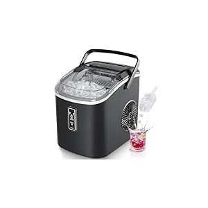 EUHOMY Petite machine à glaçons, 9 cubes prêts en 6 minutes, 12 kg/jour, autonettoyante, avec poignée de transport, panier et pelle, 2 tailles de glaçons pour la maison, la cuisine, noire
