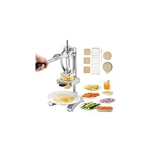 VEVOR Coupe-Frites Pomme de Terre Professionnel Manuel, Coupe-Légumes et Fruits Multifonction, en Inox, avec 3 Lames de Rechange 12,7/9,5/6,4 mm et 1 Lame à Jus, pour Cuisine Restaurant Maison