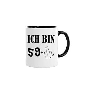 Tasse d'anniversaire avec inscription humoristique et chat avec doigt puant – Ich Bin 59+ – Tasse/Mug comme cadeau amusant/cadeau amusant et original/tasse à thé avec boîte cadeau