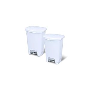 Glad Lot de 2 poubelles de cuisine en plastique avec protection contre les odeurs du couvercle | Mains libres avec p&eacute;dale &agrave; pied et anneaux de sac poubelle, 40 litres, blanc