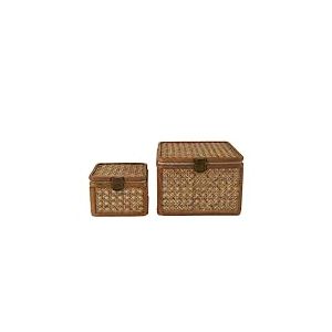 Deco 79 Bo&icirc;te d&eacute;corative en rotin fait &agrave; la main en rotin tiss&eacute;, d&eacute;corative, bo&icirc;tes &agrave; conserves avec lattes de bronze, lot de 2 bo&icirc;tes de rangement de 7", 5"W, marron