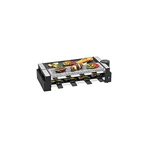 Clatronic RG 3678 Appareil à raclette 2 en 1, pierre naturelle et plaque en fonte réversible, articulation à 180°, 8 poêlons, également utilisable comme raclette pour 4 personnes, revêtement