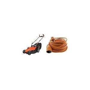 BLACK+DECKER Tondeuse Filaire 1400W, Tondeuse à Gazon Electrique 34 cm, 6 hauteurs réglables de 20 & Zenitech Prolongateur, Orange, 25 m