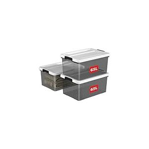Cetomo 65L*3 Boîte de Rangement, Bac de rangement avec Poignée, Plastique Organisateur avec Couvercle, Empilable, Transportable, pour Vêtements, Bureau, Dortoirs, Transparent Noir, 65L - Lot de 3