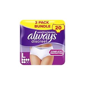 Always Pantalons d'incontinence discrets pour femmes, L, UK 16-22, blanc, capacité d'absorption 6, 20 sous-vêtements/culottes (paquets de 10 x 2), (l'emballage peut varier)