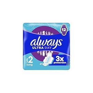 Always Ultra Serviettes Hygiéniques, Taille 2, Long, 12 Serviettes Avec Ailettes, Flux Modérés Jour, Max Confort, Super Absorbantes et Ultra Fines