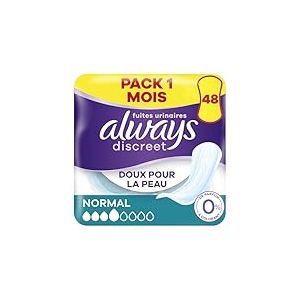 Always Discreet 0%, 48 Serviettes Hygiéniques Incontinence Femme, Normal 3 Gouttes, Protection Absorbante pour Fuites Urinaires Modérées, Pack 1 Mois