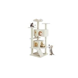 Sweetcrispy Arbre à Chat d'intérieur - Meuble Multi-Niveau - 135 cm de Haut - Maison de Jeu Stable avec Arbre à Chat en sisal, Grand condo, échelle d'escalade, Beige Moderne