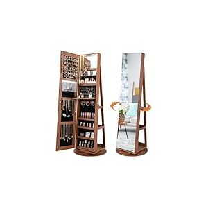 COSTWAY Armoire à bijoux avec LED, armoire à miroir, rotative à 360°, avec miroir intégral sans cadre, organisateur de bijoux verrouillable, rangement de bijoux (marron)