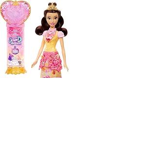 Mattel Disney Poupée Princesses Jewel Reveal Belle et Accessoires avec 8 Surprises, Dont Une boîte à Bijoux en Forme de cœur, Une Bague pour Enfant et 9 éléments de Jeu inspirés du Film, JHL51