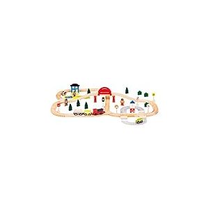 Bino World of Toys Chemin de Fer en Bois, Jouets pour Enfants à partir de 3 Ans, Jouets pour Enfants (y Compris Les Accessoires, 80 pièces, Compatible avec Tous Les systèmes Standard), Nature