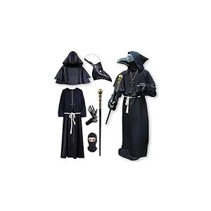QGWJEKUI Costume de m&eacute;decin de la peste - Masque de m&eacute;decin de la peste avec masque &agrave; bec d'oiseau - Costume d'Halloween pour adultes, hommes et femmes (noir, L)