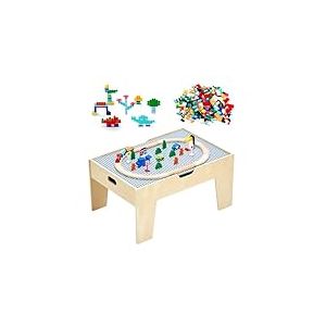 VEVOR Table Circuit Train Bois, avec 290 Briques de Construction 30 Accessoires, Ensemble Rail de Train et Véhicules, Grand Espace de Rangement, Table Activités Créativité pour Enfants 3 Ans et Plus