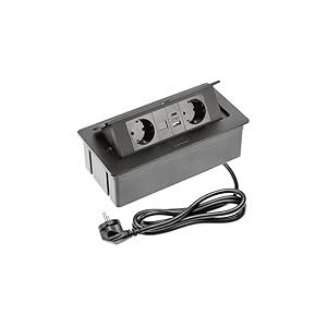 GTV Prise encastrable Multisoft noire avec 2 prises Schuko, USB A+C, RJ45, HDMI 2.0, couvercle, rétractable, câble de 1,5 m, pour bureau, table de conférence, cuisine ou bureau à domicile