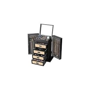 Boîte à bijoux en rotin, boîte à bijoux en bois à 5 couches avec miroir, boîtes à bijoux avec 4 tiroirs pour femmes et hommes, rangement de bijoux noir pour bagues, boucles d'oreilles, colliers,