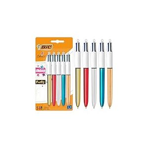 BIC 4 Couleurs Shine et Party R&eacute;tractables &agrave; Pointe Moyenne (1,0 mm) en argent&eacute;, dor&eacute;, rouge, bleu et dor&eacute; givr&eacute; m&eacute;tallis&eacute;s - Lot de 5