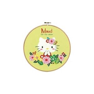 Vervaco Point De Croix Compté Kit DIY Cadeau Bebe Naissance Personnalisé HELLO KITTY FLEURS VERTES Tableau Complet Kit De Broderie Loisir Créatif Maison Décoration ca. 20 x 20 cm Cross Stitch