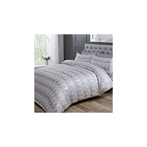 Sleepdown Parure de lit de Luxe avec Housse de Couette et taies d'oreiller Motif Chevrons Jacquard Zig Zag Rayures géométriques Gris Clair Blanc Super King (220 cm x 260 cm)