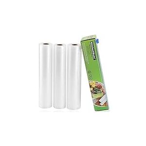 KitchenBoss Sac sous Vide Alimentaire,3 Rouleaux 28cmx5M,Total 15 M, Rouleaux de Mise sous Vide avec 1 Boîte de Coupe(Pas Plus de Ciseaux) sans BPA,pour Machine sous Vide