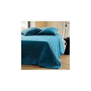 Homemaison QABANE - Couvre-Lit et Taies d'oreiller en Velours Matelass&eacute; - Microfibre Polyester - Texture Luxueuse - Rembourrage Ouate - Style Moderne et Chic - 240 x 260 cm - Bleu Paon