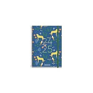 Miquelrius Agenda scolaire 2024-2025, septembre 24 à juin 25, 155 x 215 mm, un jour par page, couverture en carton doublé, spirale métallique noire, catalan et anglais, jungle