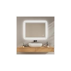 EMKE Miroir Salle de Bain avec Éclairage 90x70 cm, Anti-Buée, Interrupteur Tactile, Miroir Salle de Bain Blanc Froid Dimmable, Fonction Mémoire, Arrêt Automatique après 3 Heures, Miroir LED