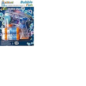 alldoro 60625 - Pistolet &agrave; Bulles de Savon LED, avec 2X 59 ML de Liquide &agrave; Bulles de Savon, avec LED env. 17 x 15 x 6 cm, pour Enfants &agrave; partir de 3 Ans