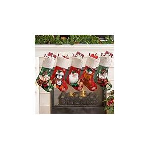 Lot de 5 Grandes Chaussettes de Noël de 45,7 cm avec Manchette en Peluche, Père Noël, Bonhomme de Neige, Renne, Lutin pour décoration de Noël, Sapin de Noël