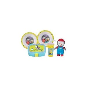 FUN HOUSE | Set Complet Vaisselle T'Choupi Pour Enfant + Peluche 17 Cm | 2 Assiettes + 2 Verres + Gourde Paille + Boite Goûter | Licence Officielle | Réutilisable | Idée de Cadeau