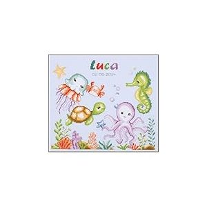 VERVACO Point De Croix Compt&eacute; Kit DIY Cadeau Bebe Naissance Personnalis&eacute; ANIMAUX MARINS Tableau Complet Kit De Broderie Loisir Cr&eacute;atif Maison D&eacute;coration ca. 32 x 28 cm Cross Stitch